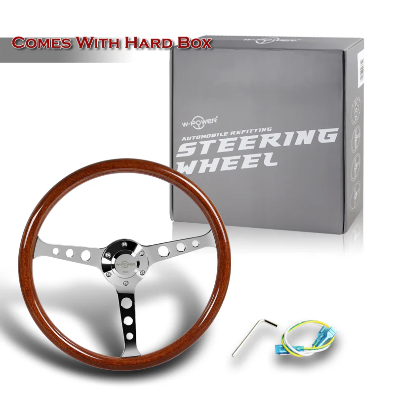 W-Power 15" 380mm 6-Bolt Hole JDM Euro VIP Style Classic Trim Grip With Aluminum Finished 3-Spoke 3 Inches Deep Dish Steering Wheel -Brown Wood Grain/Chrome Center Spoke - Image 6
