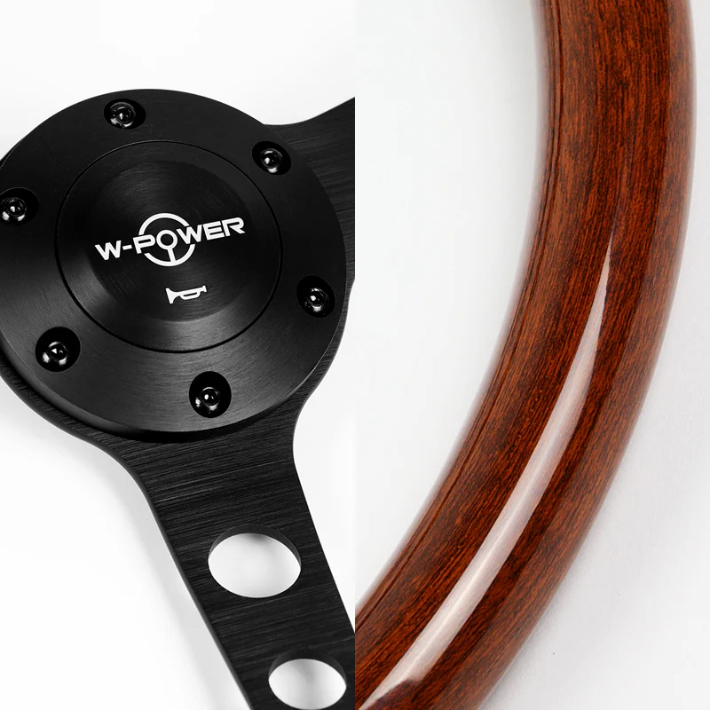 W-Power 15" 380mm 6-Bolt Hole JDM Euro VIP Style Classic Trim Grip With Aluminum Finished 3-Spoke 3 Inches Deep Dish Steering Wheel -Brown Wood Grain/Matte Black Center Spoke - Image 3