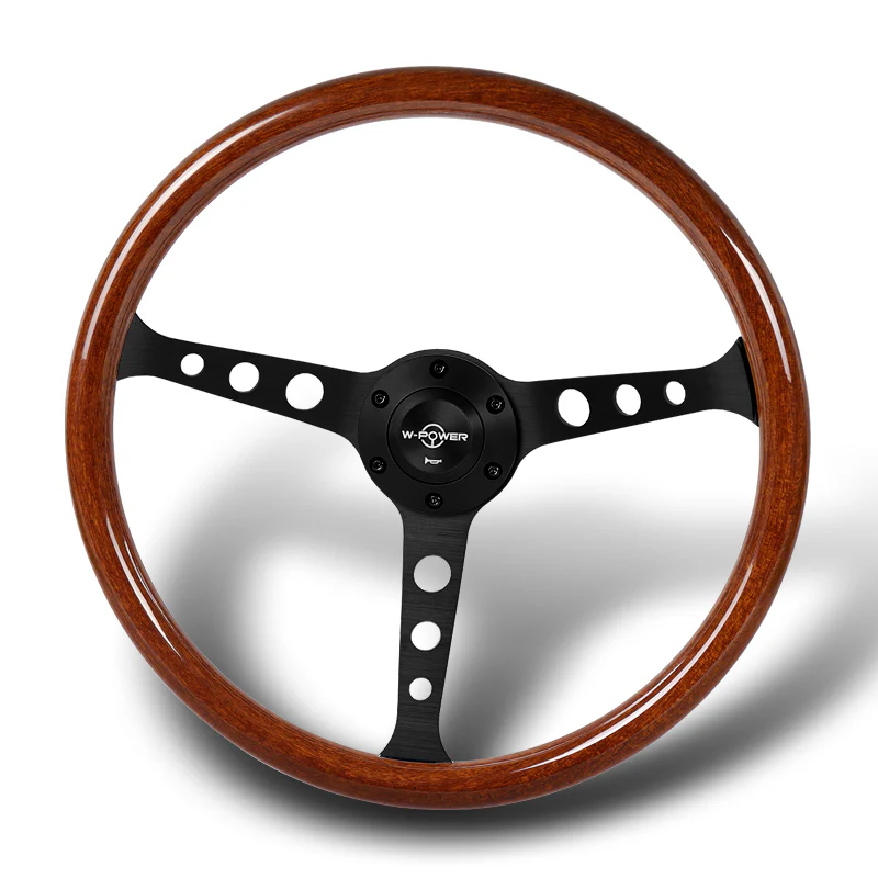 W-Power 15" 380mm 6-Bolt Hole JDM Euro VIP Style Classic Trim Grip With Aluminum Finished 3-Spoke 3 Inches Deep Dish Steering Wheel -Brown Wood Grain/Matte Black Center Spoke - Image 4