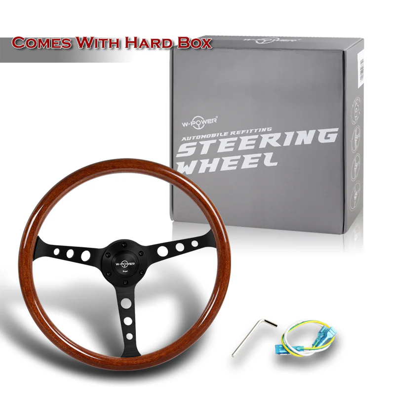 W-Power 15" 380mm 6-Bolt Hole JDM Euro VIP Style Classic Trim Grip With Aluminum Finished 3-Spoke 3 Inches Deep Dish Steering Wheel -Brown Wood Grain/Matte Black Center Spoke - Image 6