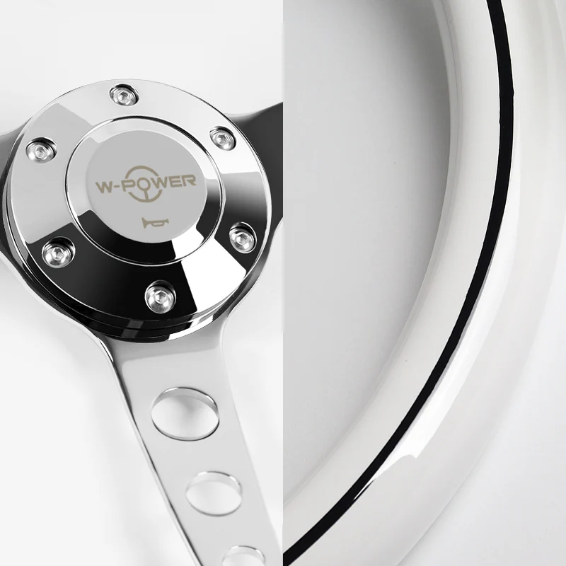 W-Power 15" 380mm 6-Bolt Hole JDM Euro VIP Style Classic Trim Grip With Aluminum Finished 3-Spoke 3 Inches Deep Dish Steering Wheel -White Wood Grain With Black Line/Chrome Center Spoke - Image 3