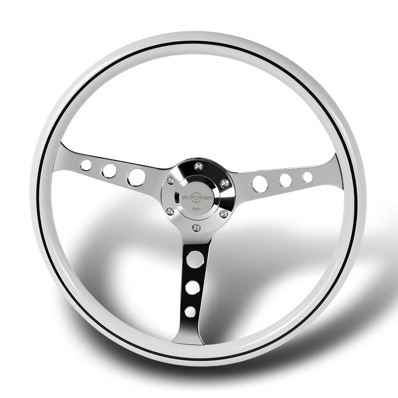 W-Power 15" 380mm 6-Bolt Hole JDM Euro VIP Style Classic Trim Grip With Aluminum Finished 3-Spoke 3 Inches Deep Dish Steering Wheel -White Wood Grain With Black Line/Chrome Center Spoke - Image 4