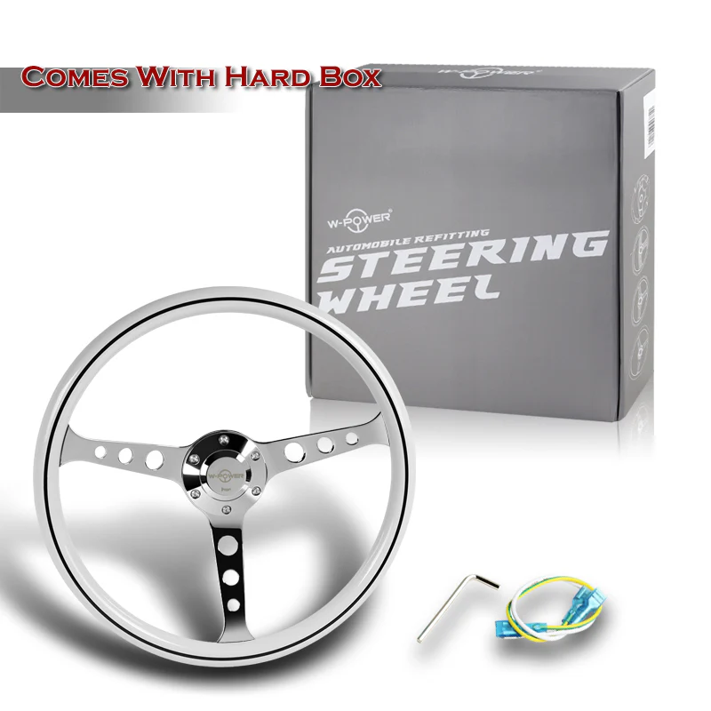 W-Power 15" 380mm 6-Bolt Hole JDM Euro VIP Style Classic Trim Grip With Aluminum Finished 3-Spoke 3 Inches Deep Dish Steering Wheel -White Wood Grain With Black Line/Chrome Center Spoke - Image 6