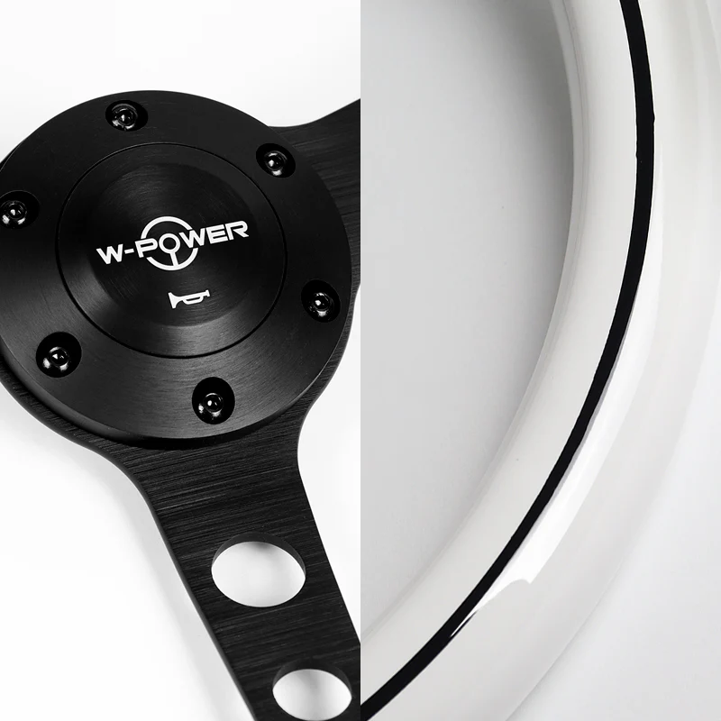 W-Power 15" 380mm 6-Bolt Hole JDM Euro VIP Style Classic Trim Grip With Aluminum Finished 3-Spoke 3 Inches Deep Dish Steering Wheel -White Wood Grain With Black Line/Matte Black Center Spoke - Image 3