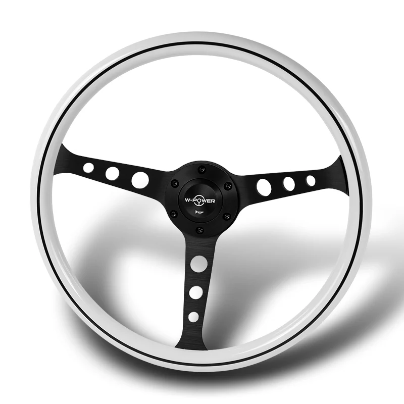 W-Power 15" 380mm 6-Bolt Hole JDM Euro VIP Style Classic Trim Grip With Aluminum Finished 3-Spoke 3 Inches Deep Dish Steering Wheel -White Wood Grain With Black Line/Matte Black Center Spoke - Image 4