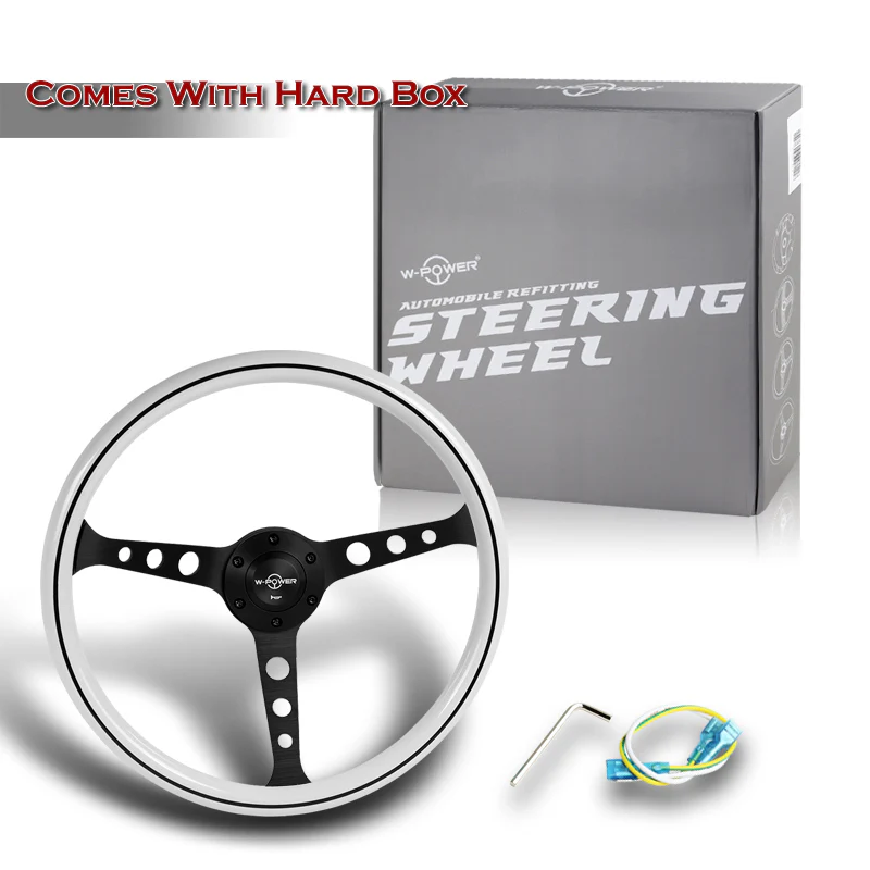 W-Power 15" 380mm 6-Bolt Hole JDM Euro VIP Style Classic Trim Grip With Aluminum Finished 3-Spoke 3 Inches Deep Dish Steering Wheel -White Wood Grain With Black Line/Matte Black Center Spoke - Image 6