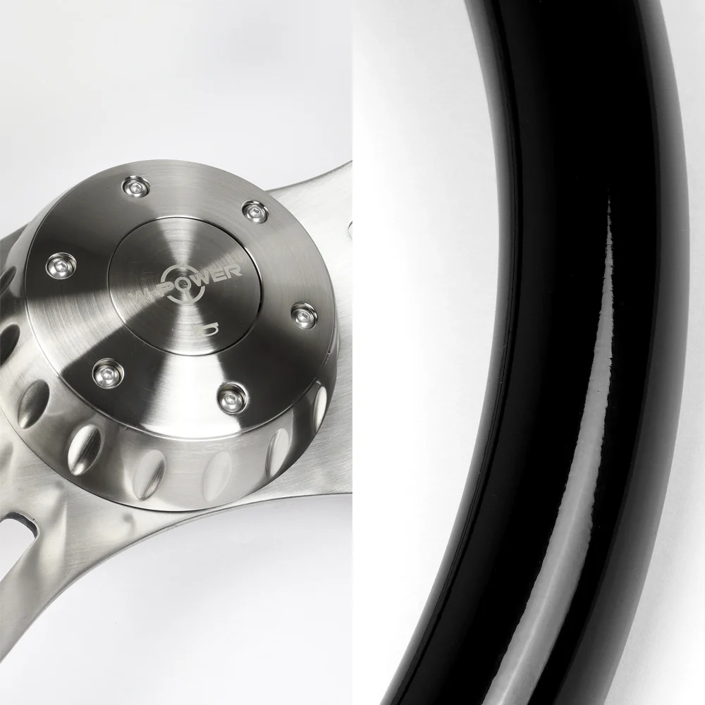 W-Power 16" 406mm 5-Bolt Hole With Aluminum Finished 4-Spoke Steering Wheel -Black Wood Grip/Billet Center Spoke - Image 2