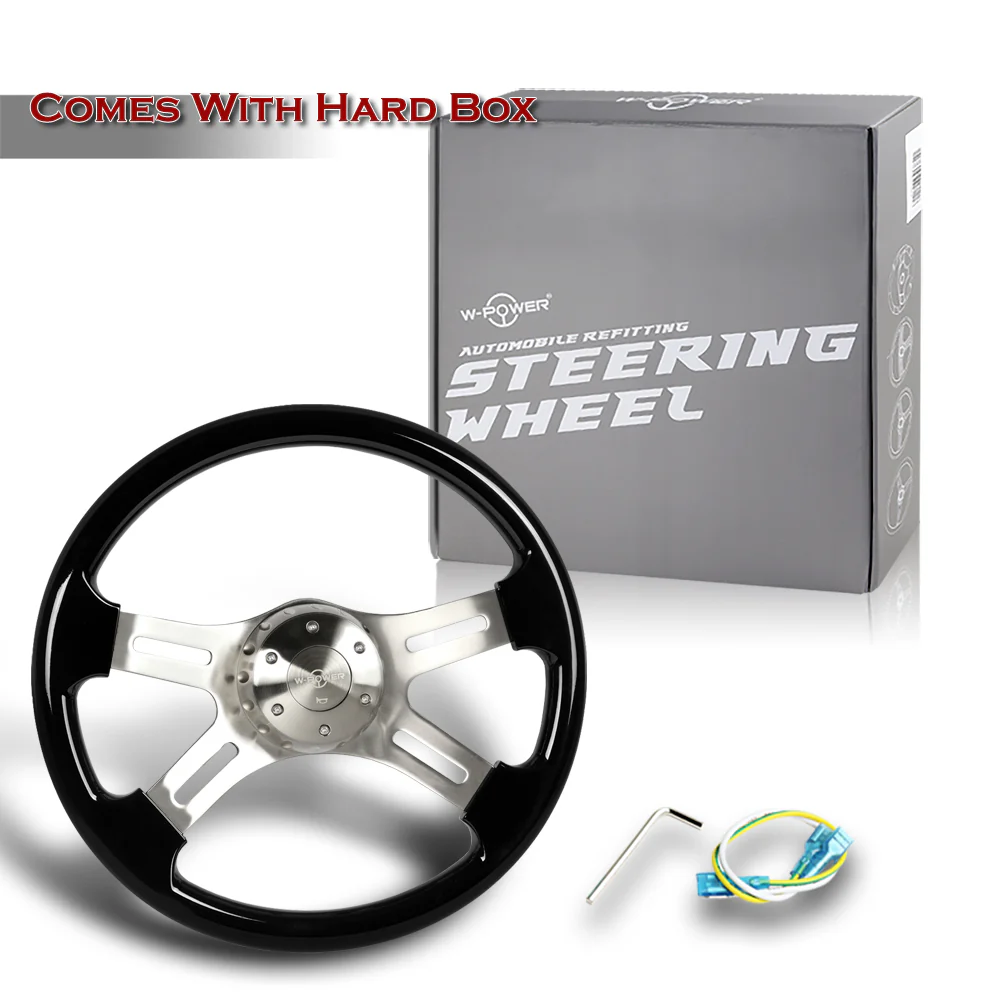 W-Power 16" 406mm 5-Bolt Hole With Aluminum Finished 4-Spoke Steering Wheel -Black Wood Grip/Billet Center Spoke - Image 6