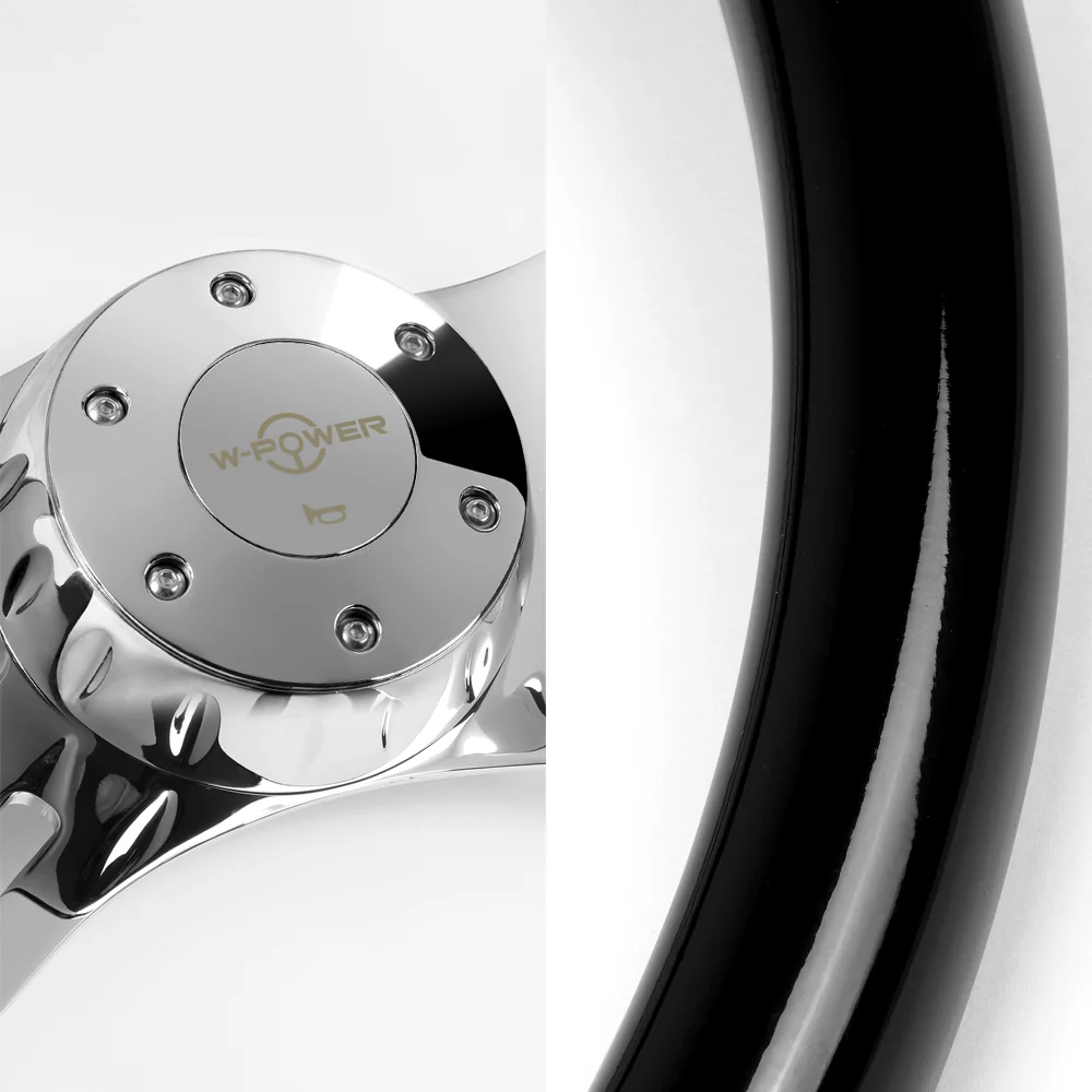 W-Power 16" 406mm 5-Bolt Hole With Aluminum Finished 4-Spoke Steering Wheel -Black Wood Grip/Chrome Center Spoke - Image 2