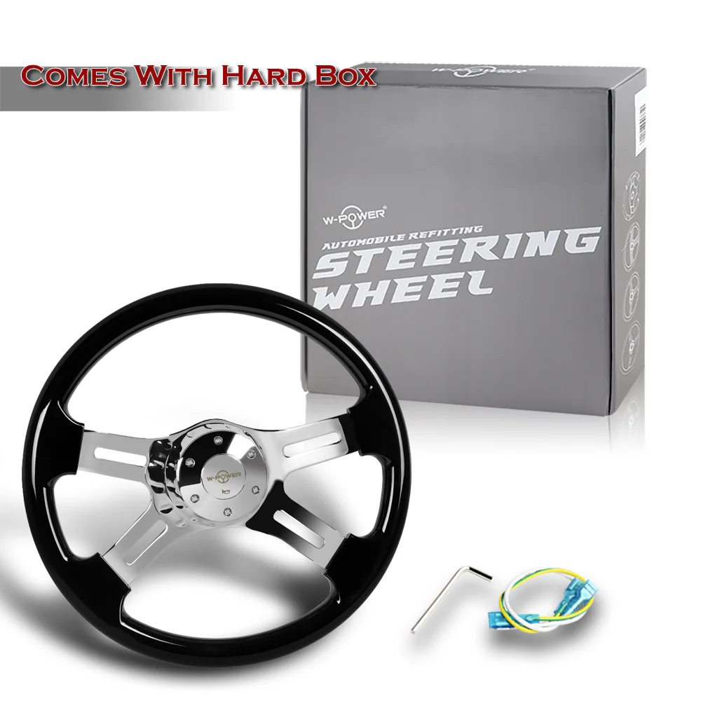 W-Power 16" 406mm 5-Bolt Hole With Aluminum Finished 4-Spoke Steering Wheel -Black Wood Grip/Chrome Center Spoke - Image 6