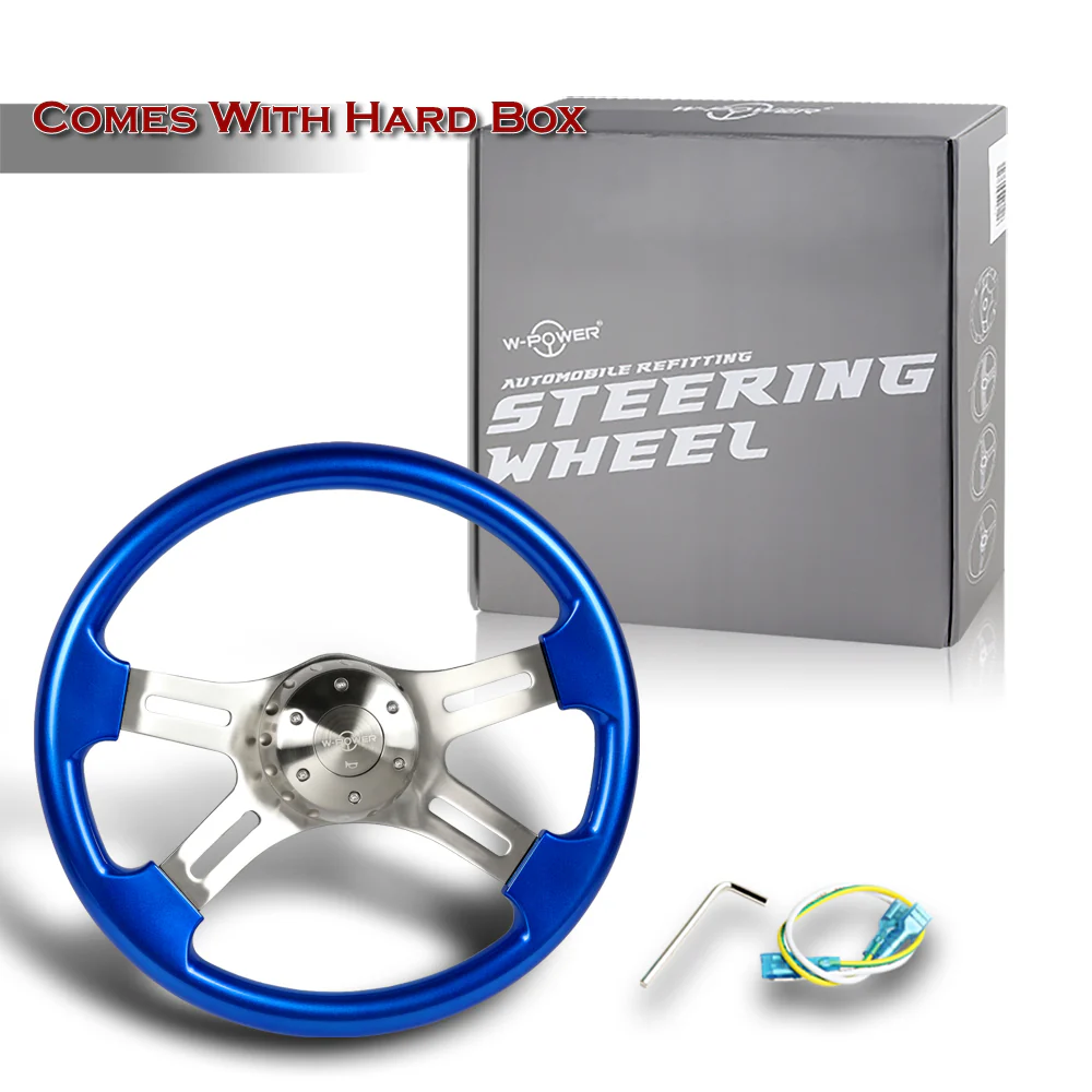 W-Power 16" 406mm 5-Bolt Hole With Aluminum Finished 4-Spoke Steering Wheel -Blue Wood Grip/Billet Center Spoke - Image 6
