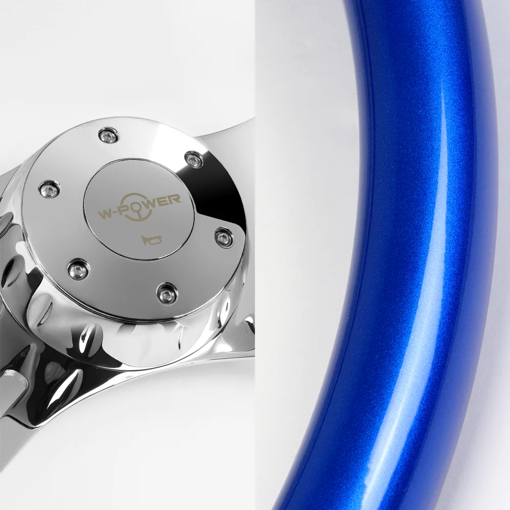 W-Power 16" 406mm 5-Bolt Hole With Aluminum Finished 4-Spoke Steering Wheel -Blue Wood Grip/Chrome Center Spoke - Image 2