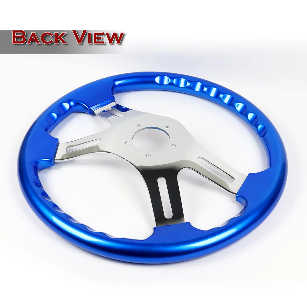 W-Power 16" 406mm 5-Bolt Hole With Aluminum Finished 4-Spoke Steering Wheel -Blue Wood Grip/Chrome Center Spoke - Image 3