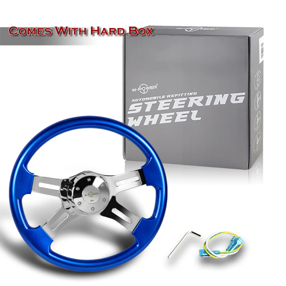 W-Power 16" 406mm 5-Bolt Hole With Aluminum Finished 4-Spoke Steering Wheel -Blue Wood Grip/Chrome Center Spoke - Image 6