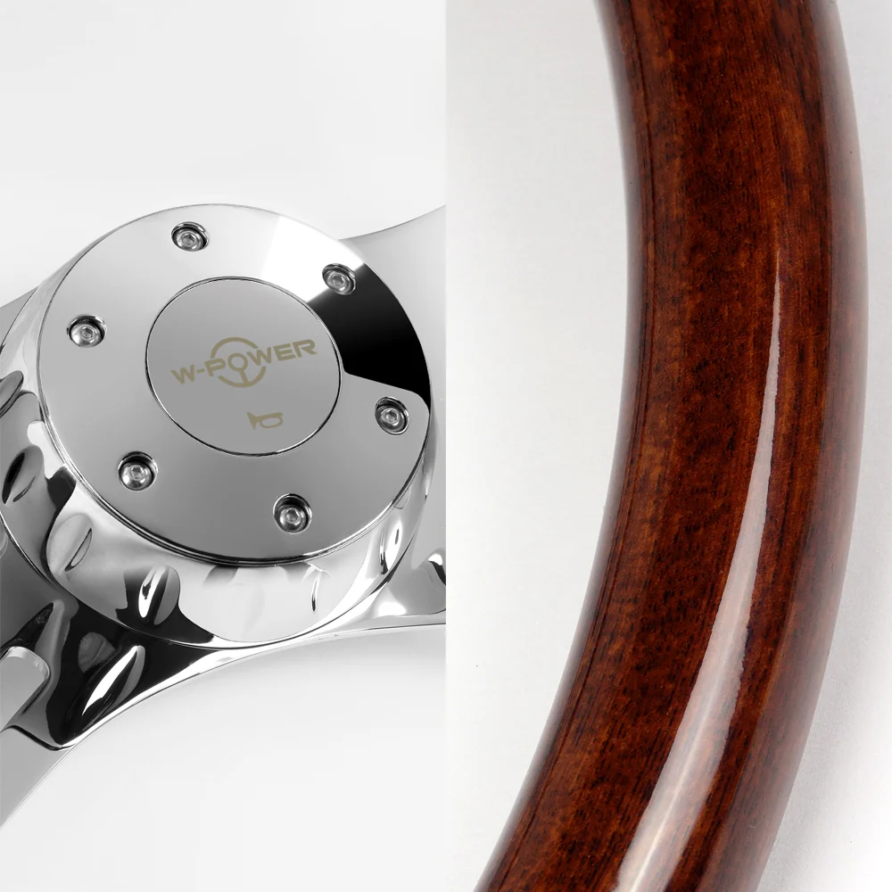 W-Power 16" 406mm 5-Bolt Hole With Aluminum Finished 4-Spoke Steering Wheel -Dark Wood Grip/Chrome Center Spoke - Image 2
