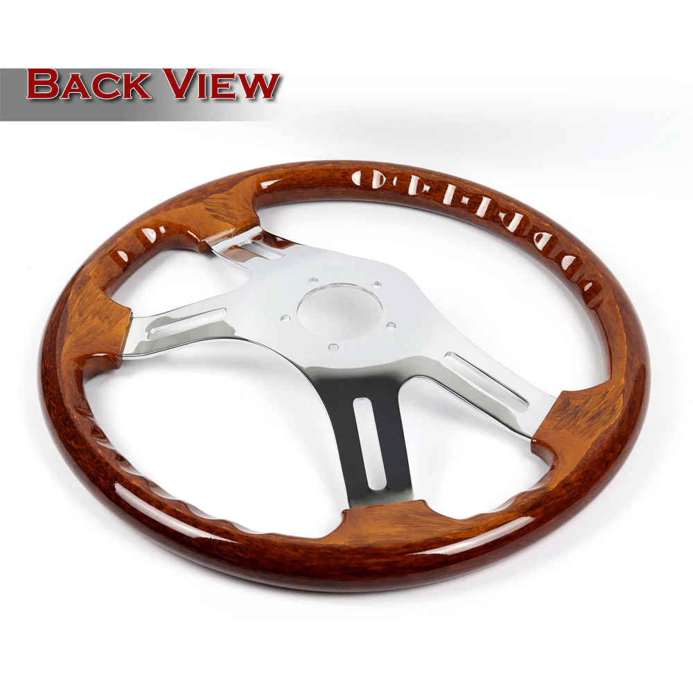 W-Power 16" 406mm 5-Bolt Hole With Aluminum Finished 4-Spoke Steering Wheel -Dark Wood Grip/Chrome Center Spoke - Image 3