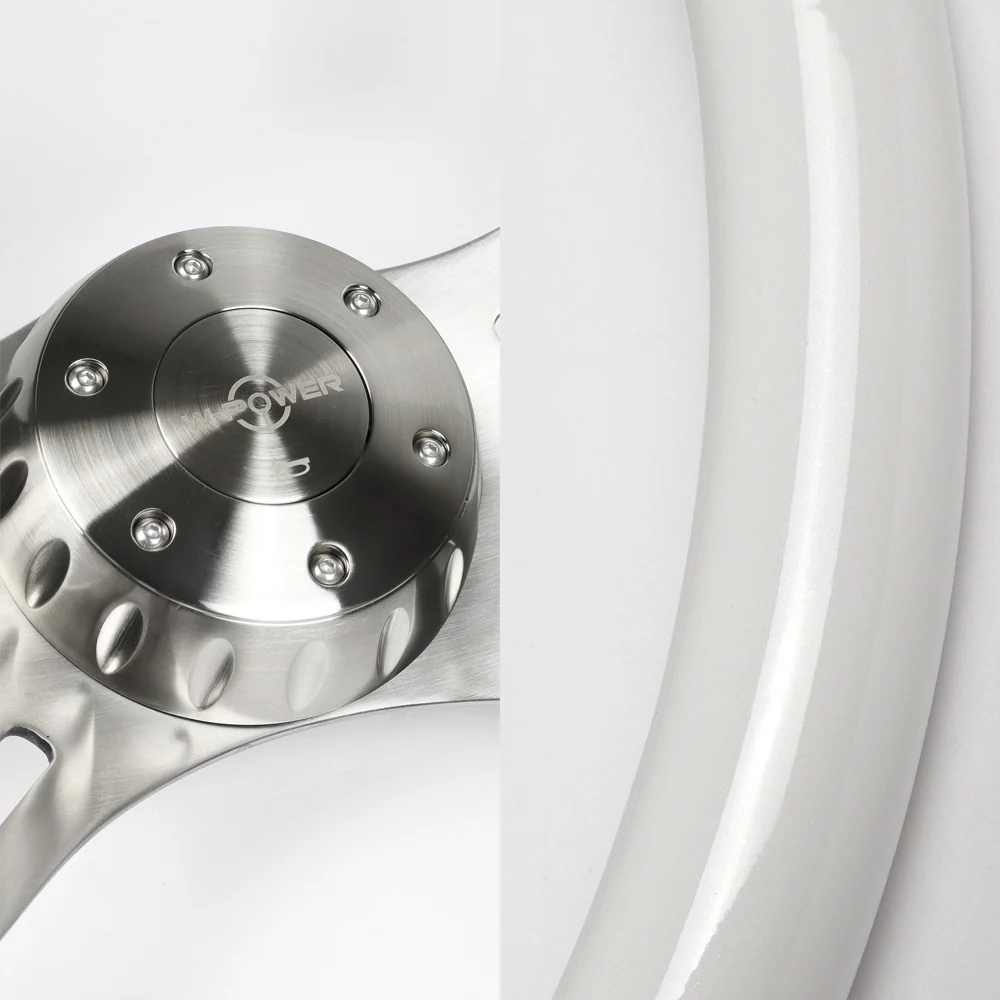 W-Power 16" 406mm 5-Bolt Hole With Aluminum Finished 4-Spoke Steering Wheel -White Wood Grip/Billet Center Spoke - Image 2
