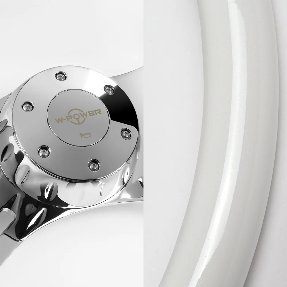 W-Power 16" 406mm 5-Bolt Hole With Aluminum Finished 4-Spoke Steering Wheel -White Wood Grip/Chrome Center Spoke - Image 2