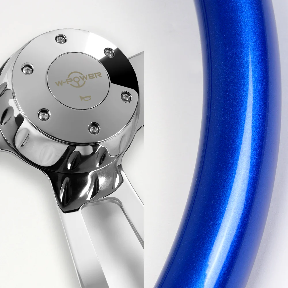 W-Power 17" 432mm 5-Bolt Hole With Aluminum Finished 3-Spoke Steering Wheel -Blue Wood Grip/Chrome Center Spoke - Image 2