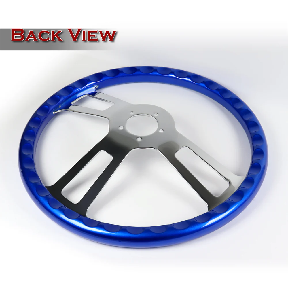 W-Power 17" 432mm 5-Bolt Hole With Aluminum Finished 3-Spoke Steering Wheel -Blue Wood Grip/Chrome Center Spoke - Image 3