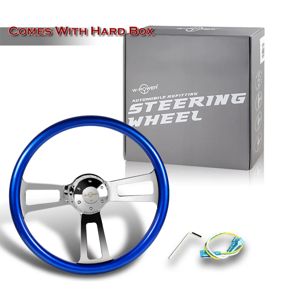 W-Power 17" 432mm 5-Bolt Hole With Aluminum Finished 3-Spoke Steering Wheel -Blue Wood Grip/Chrome Center Spoke - Image 6