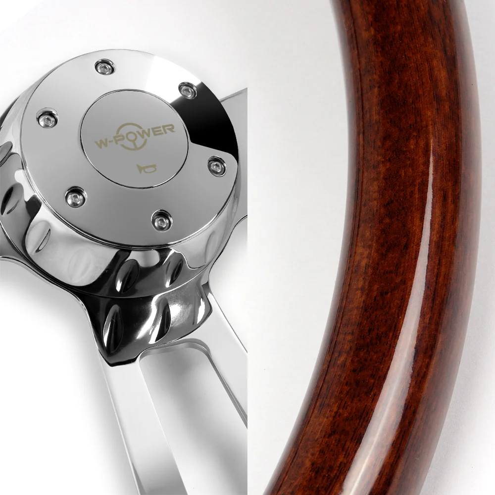 W-Power 17" 432mm 5-Bolt Hole With Aluminum Finished 3-Spoke Steering Wheel -Dark Wood Grip/Chrome Center Spoke - Image 2