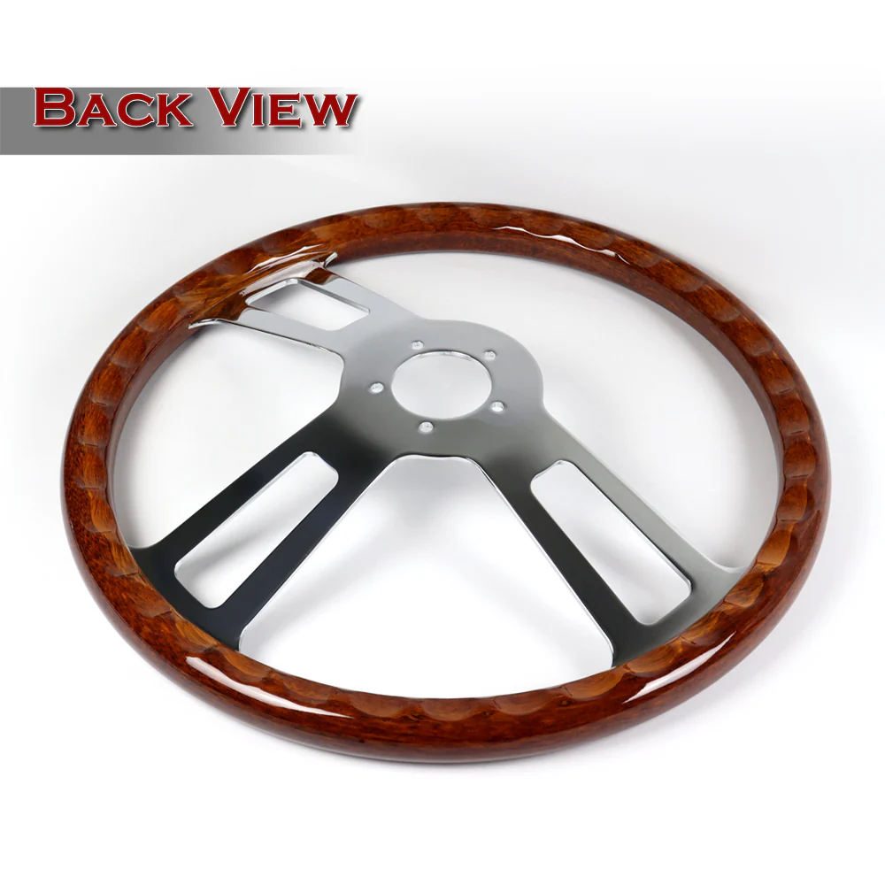 W-Power 17" 432mm 5-Bolt Hole With Aluminum Finished 3-Spoke Steering Wheel -Dark Wood Grip/Chrome Center Spoke - Image 3