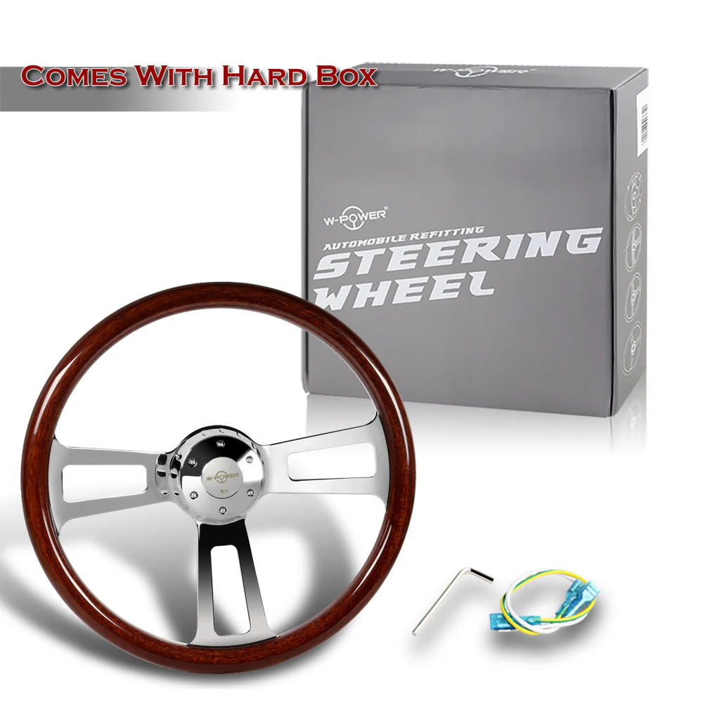 W-Power 17" 432mm 5-Bolt Hole With Aluminum Finished 3-Spoke Steering Wheel -Dark Wood Grip/Chrome Center Spoke - Image 6