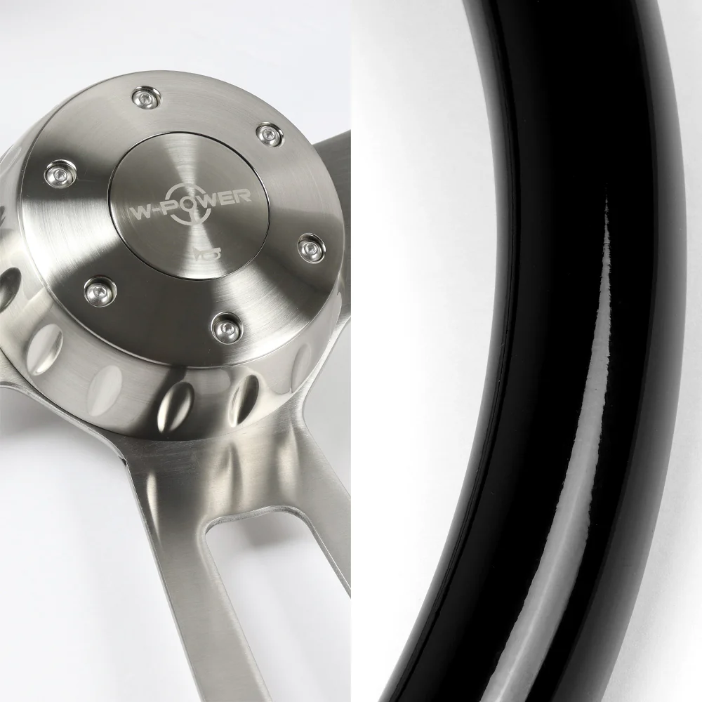 W-Power 17" 432mm 5-Bolt Hole With Aluminum Finished 3-Spoke Steering Wheel -Black Wood Grip/Billet Center Spoke - Image 2