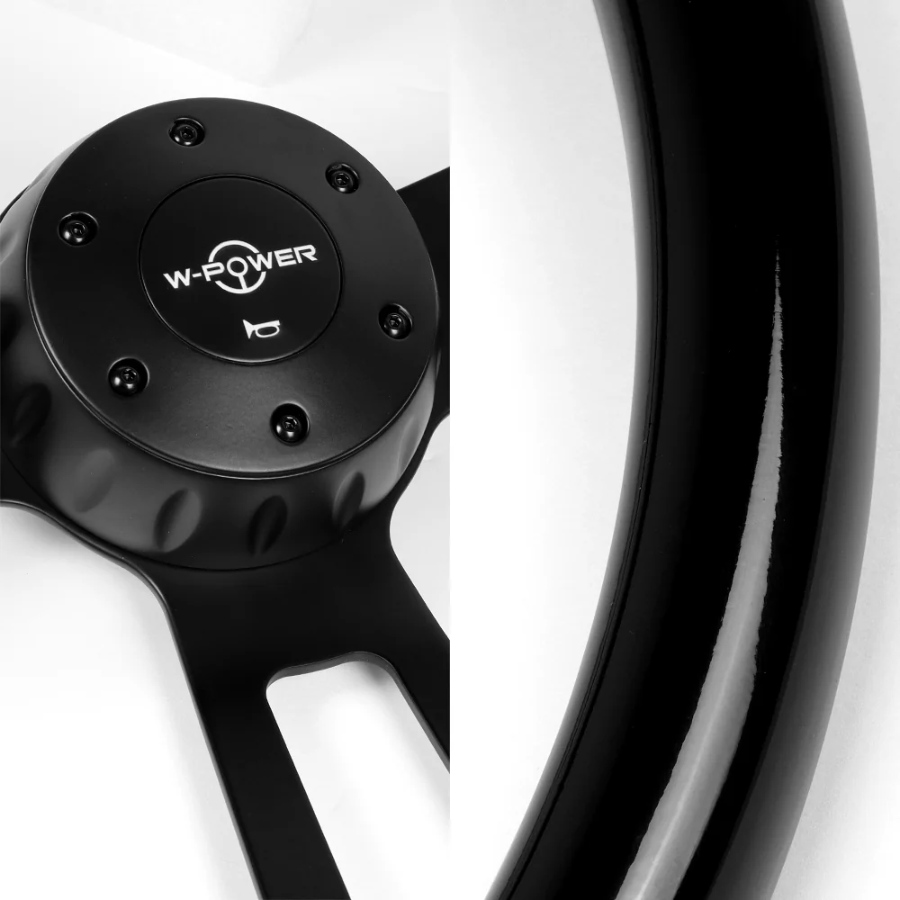 W-Power 17" 432mm 5-Bolt Hole With Aluminum Finished 3-Spoke Steering Wheel -Black Wood Grip/Black Center Spoke - Image 2