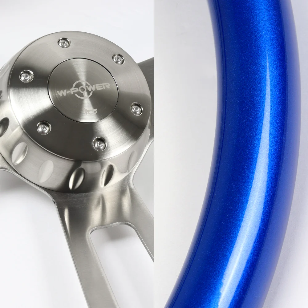 W-Power 17" 432mm 5-Bolt Hole With Aluminum Finished 3-Spoke Steering Wheel -Blue Wood Grip/Billet Center Spoke - Image 2