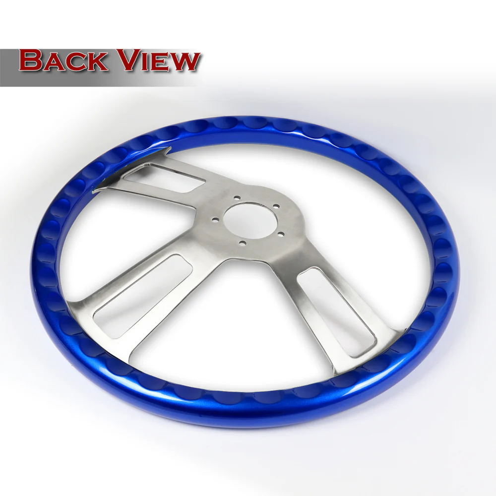 W-Power 17" 432mm 5-Bolt Hole With Aluminum Finished 3-Spoke Steering Wheel -Blue Wood Grip/Billet Center Spoke - Image 3