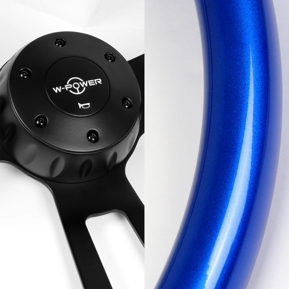 W-Power 17" 432mm 5-Bolt Hole With Aluminum Finished 3-Spoke Steering Wheel -Blue Wood Grip/Black Center Spoke - Image 2