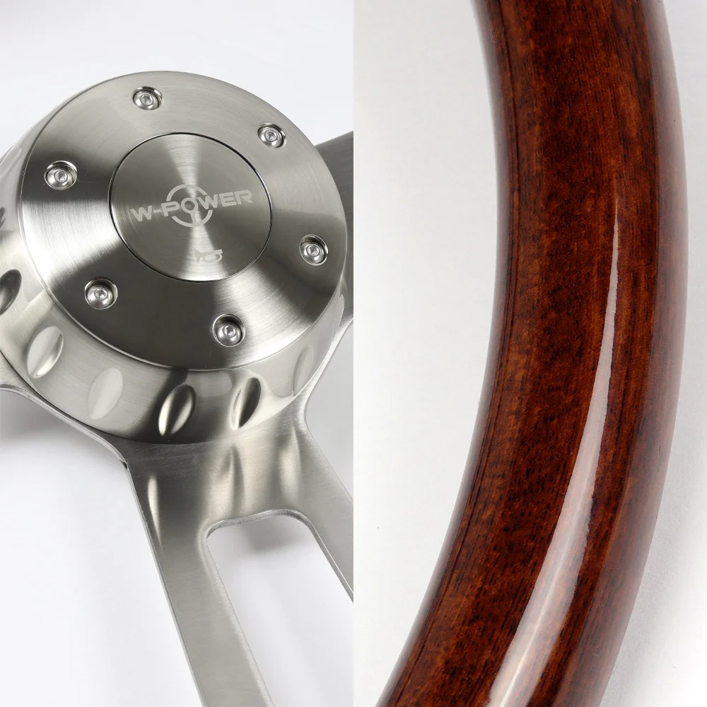 W-Power 17" 432mm 5-Bolt Hole With Aluminum Finished 3-Spoke Steering Wheel -Dark Mahogany Wood Grip/Billet Center Spoke - Image 2