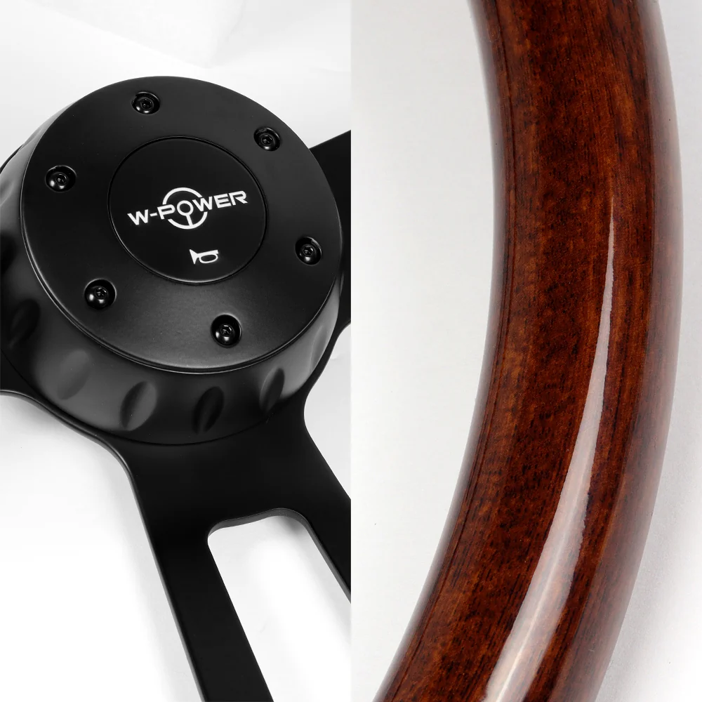 W-Power 17" 432mm 5-Bolt Hole With Aluminum Finished 3-Spoke Steering Wheel -Dark Wood Grip/Black Center Spoke - Image 2
