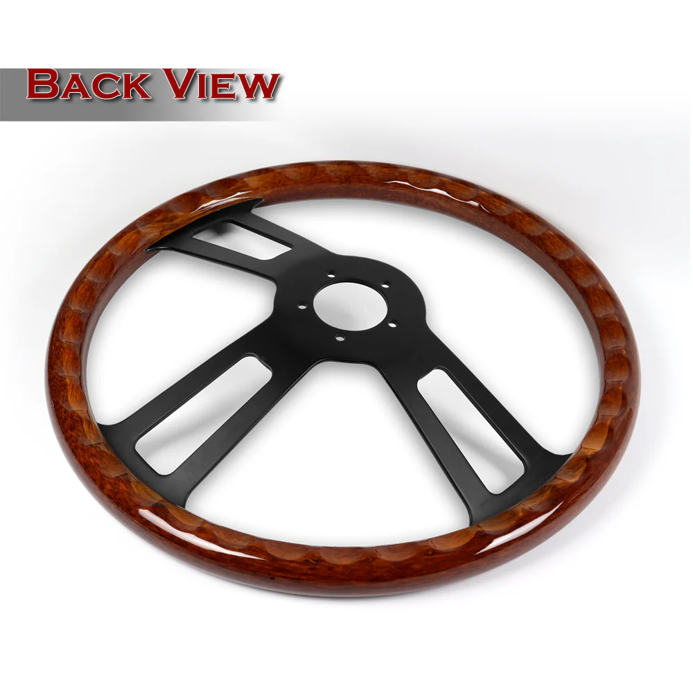 W-Power 17" 432mm 5-Bolt Hole With Aluminum Finished 3-Spoke Steering Wheel -Dark Wood Grip/Black Center Spoke - Image 3