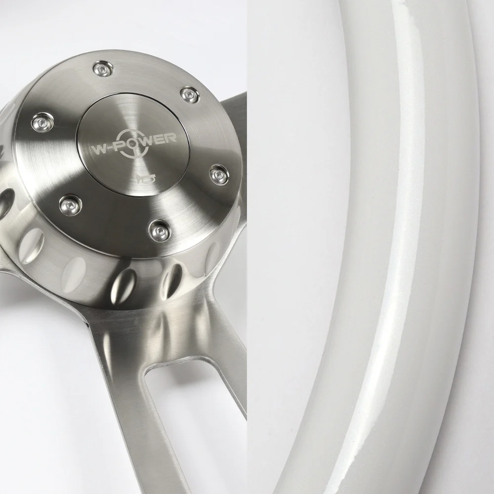 W-Power 17" 432mm 5-Bolt Hole With Aluminum Finished 3-Spoke Steering Wheel -White Wood Grip/Billet Center Spoke - Image 2