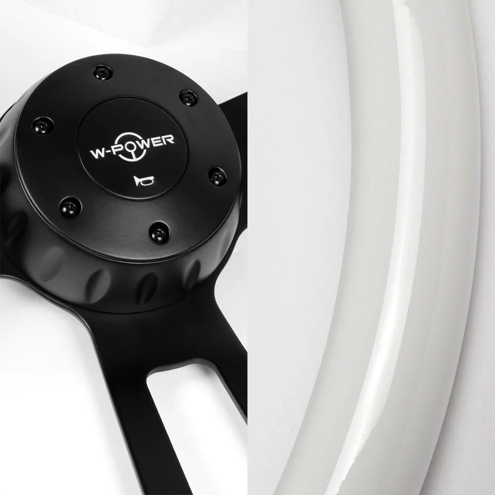 W-Power 17" 432mm 5-Bolt Hole With Aluminum Finished 3-Spoke Steering Wheel -White Wood Grip/Black Center Spoke - Image 2