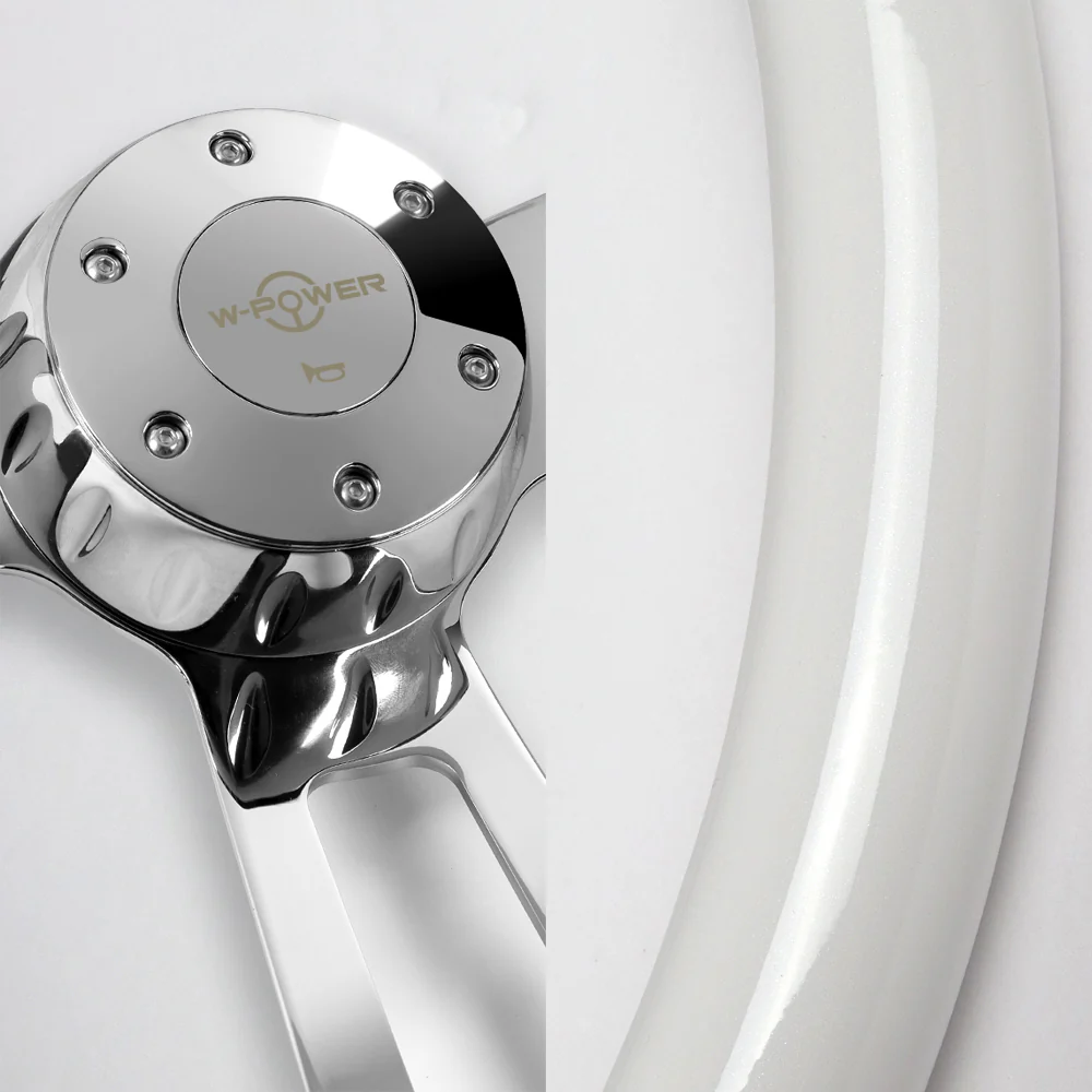 W-Power 17" 432mm 5-Bolt Hole With Aluminum Finished 3-Spoke Steering Wheel -White Wood Grip/Chrome Center Spoke - Image 2