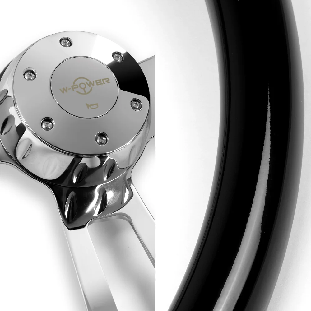 W-Power 17" 432mm 5-Bolt Hole With Aluminum Finished 3-Spoke Steering Wheel -Black Wood Grip/Chrome Center Spoke - Image 2
