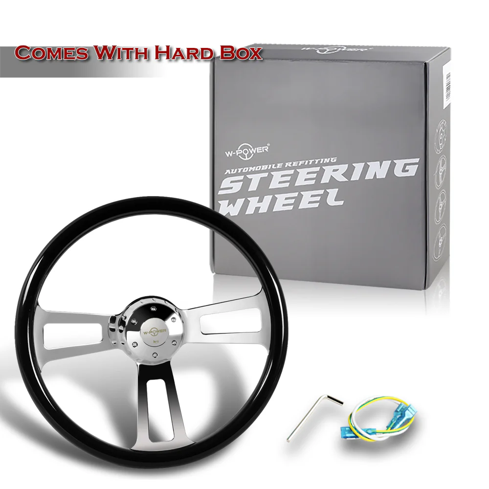 W-Power 17" 432mm 5-Bolt Hole With Aluminum Finished 3-Spoke Steering Wheel -Black Wood Grip/Chrome Center Spoke - Image 6
