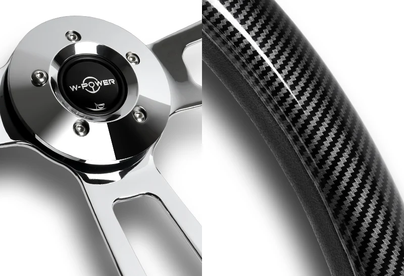 W-Power 18" 457mm 5-Bolt Hole Euro Vintage Style Carbon Fiber Look Style Grip With Aluminum Finished 3-Spoke 2.5 Inch Deep Dish Steering Wheel -Chrome Center Spoke - Image 3