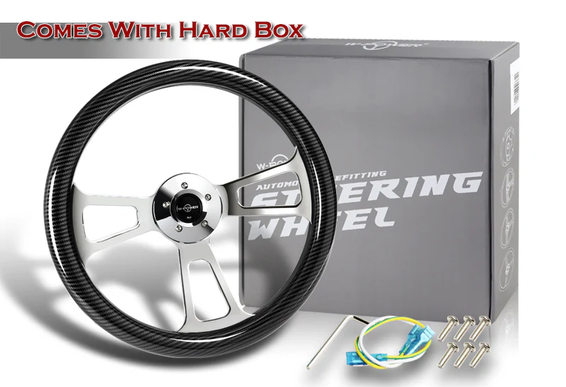 W-Power 18" 457mm 5-Bolt Hole Euro Vintage Style Carbon Fiber Look Style Grip With Aluminum Finished 3-Spoke 2.5 Inch Deep Dish Steering Wheel -Chrome Center Spoke - Image 5