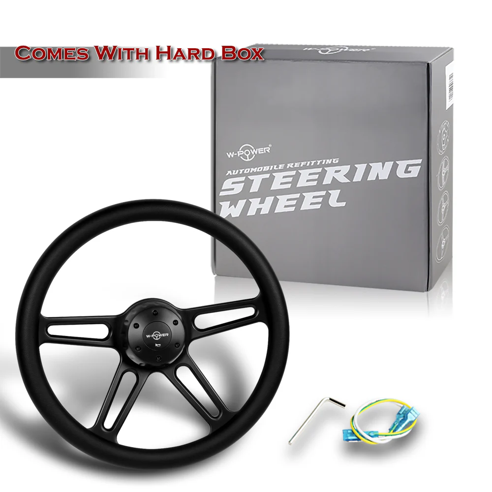W-Power 18" 457mm 5-Bolt Hole With Aluminum Finished 4-Spoke Half Wrap Steering Wheel -Black Leather Grip/Black Center Spoke - Image 6