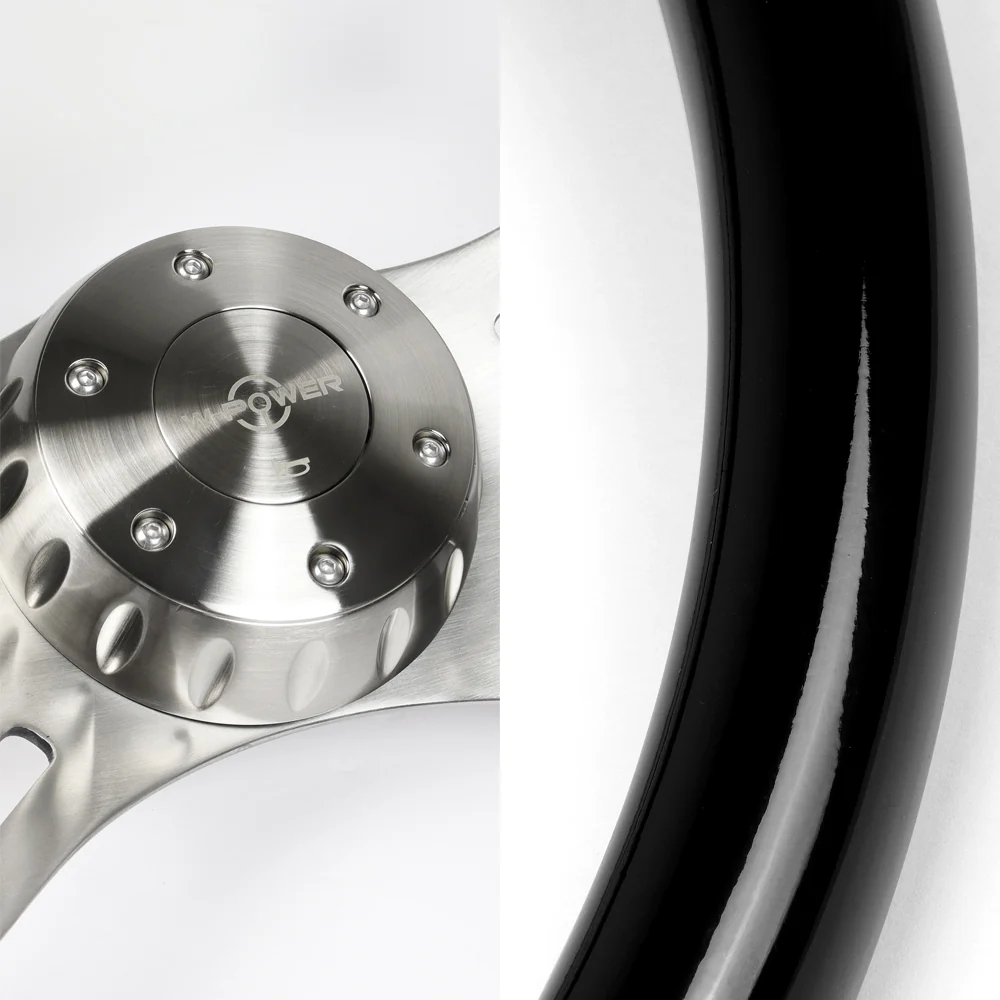 W-Power 18" 457mm 5-Bolt Hole With Aluminum Finished 4-Spoke Steering Wheel -Black Wood Grip/Billet Center Spoke - Image 2