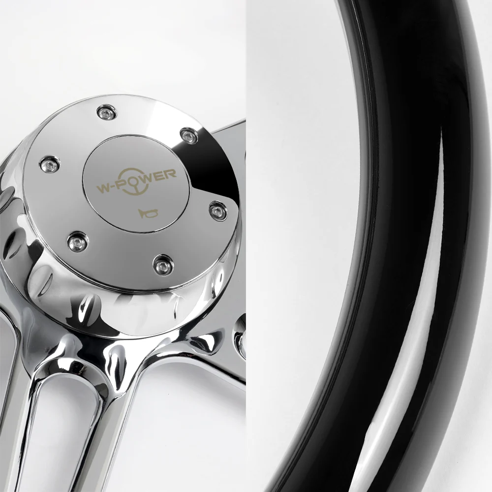 W-Power 18" 457mm 5-Bolt Hole With Aluminum Finished 4-Spoke Half Wrap Steering Wheel -Black Wood Grip/Chrome Center Spoke - Image 2