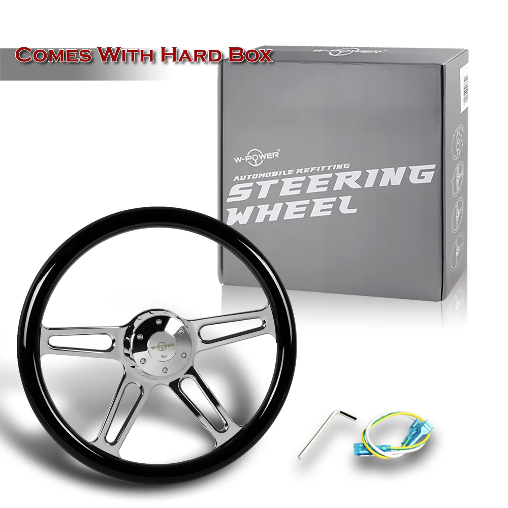 W-Power 18" 457mm 5-Bolt Hole With Aluminum Finished 4-Spoke Half Wrap Steering Wheel -Black Wood Grip/Chrome Center Spoke - Image 6