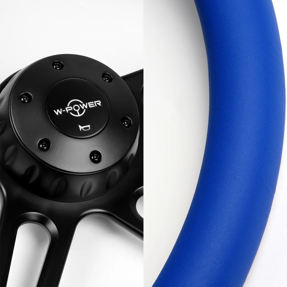 W-Power 18" 457mm 5-Bolt Hole With Aluminum Finished 4-Spoke Half Wrap Steering Wheel -Blue Leather Grip/Black Center Spoke - Image 2