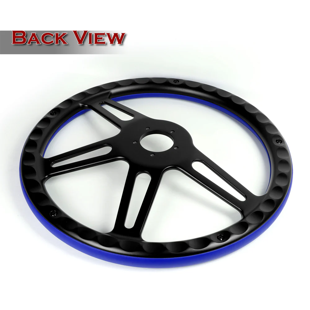 W-Power 18" 457mm 5-Bolt Hole With Aluminum Finished 4-Spoke Half Wrap Steering Wheel -Blue Leather Grip/Black Center Spoke - Image 3