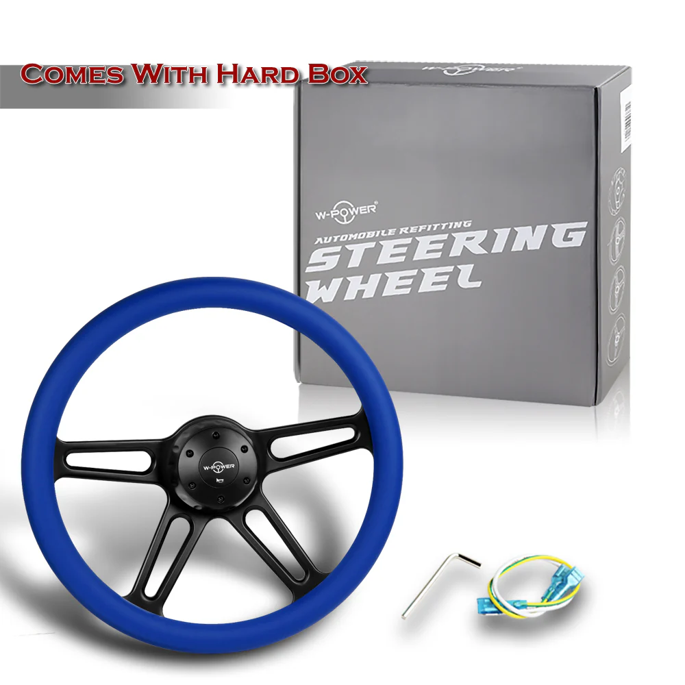 W-Power 18" 457mm 5-Bolt Hole With Aluminum Finished 4-Spoke Half Wrap Steering Wheel -Blue Leather Grip/Black Center Spoke - Image 6